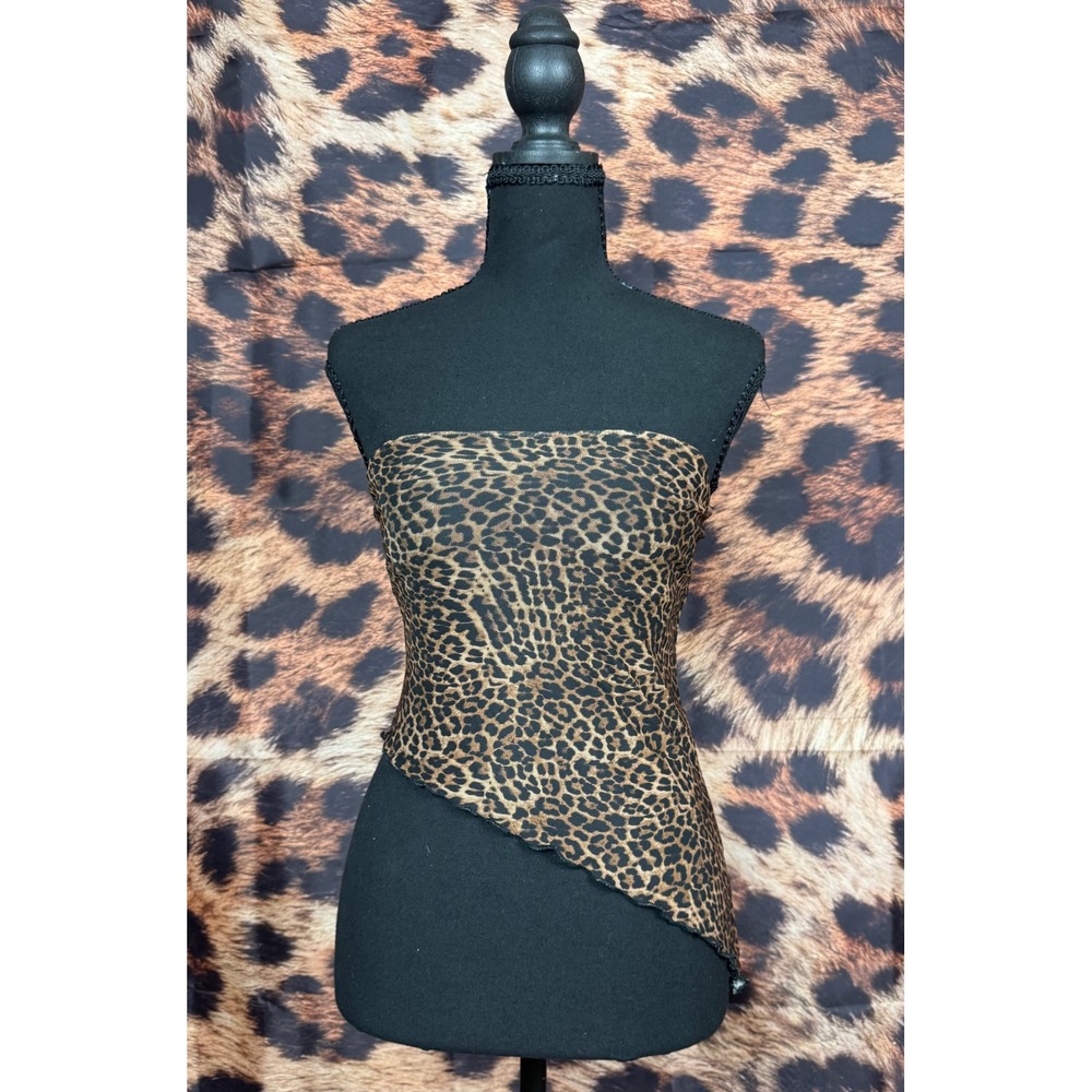 Leopard Print Mesh Tube Top Asymmetrical Handkerchief Hem Strapless Bodice